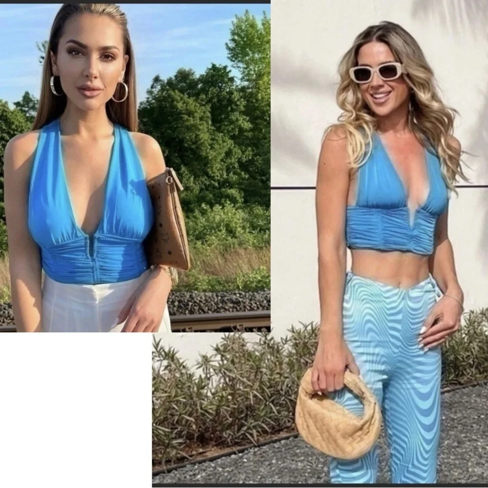 Zara blue ruched deep plunge V-neck halter crop top crisscross open back Sz XL - Picture 3 of 13